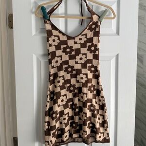 Brown Floral Checker Knit Halter One-Piece for women